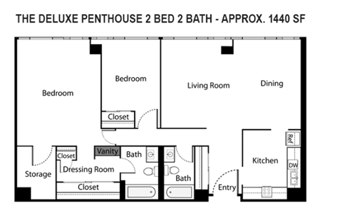 A floor plan of a 2 bedroom, 2 bathroom apartment.